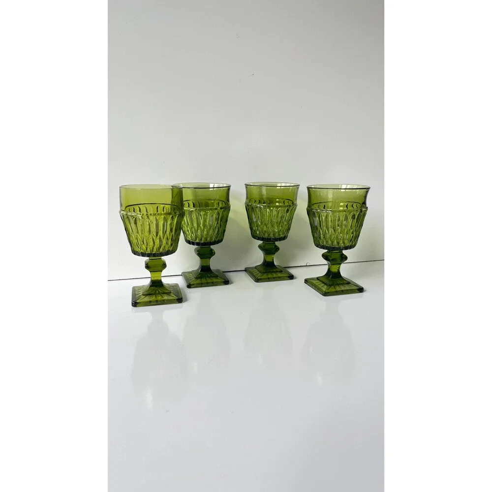 Set Of 4 Vintage Green Glass Goblets With Textured Design & Square Base